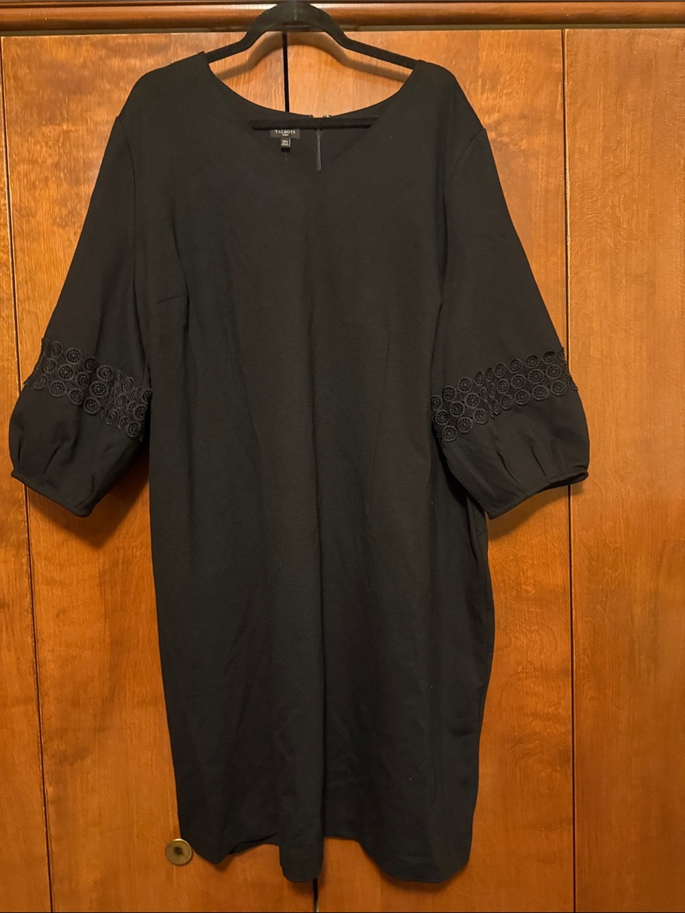 Talbots Black Midi Dress with Embroidered Puff Sleeves
